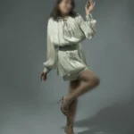 لباس کوتاه مجلسی با آستین پف دار مدل چین دار