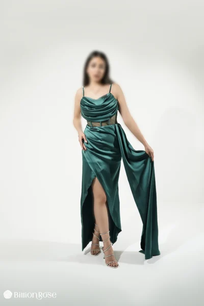 ماکسی مجلسی ساتن براق با یقه دراپه آبشاری