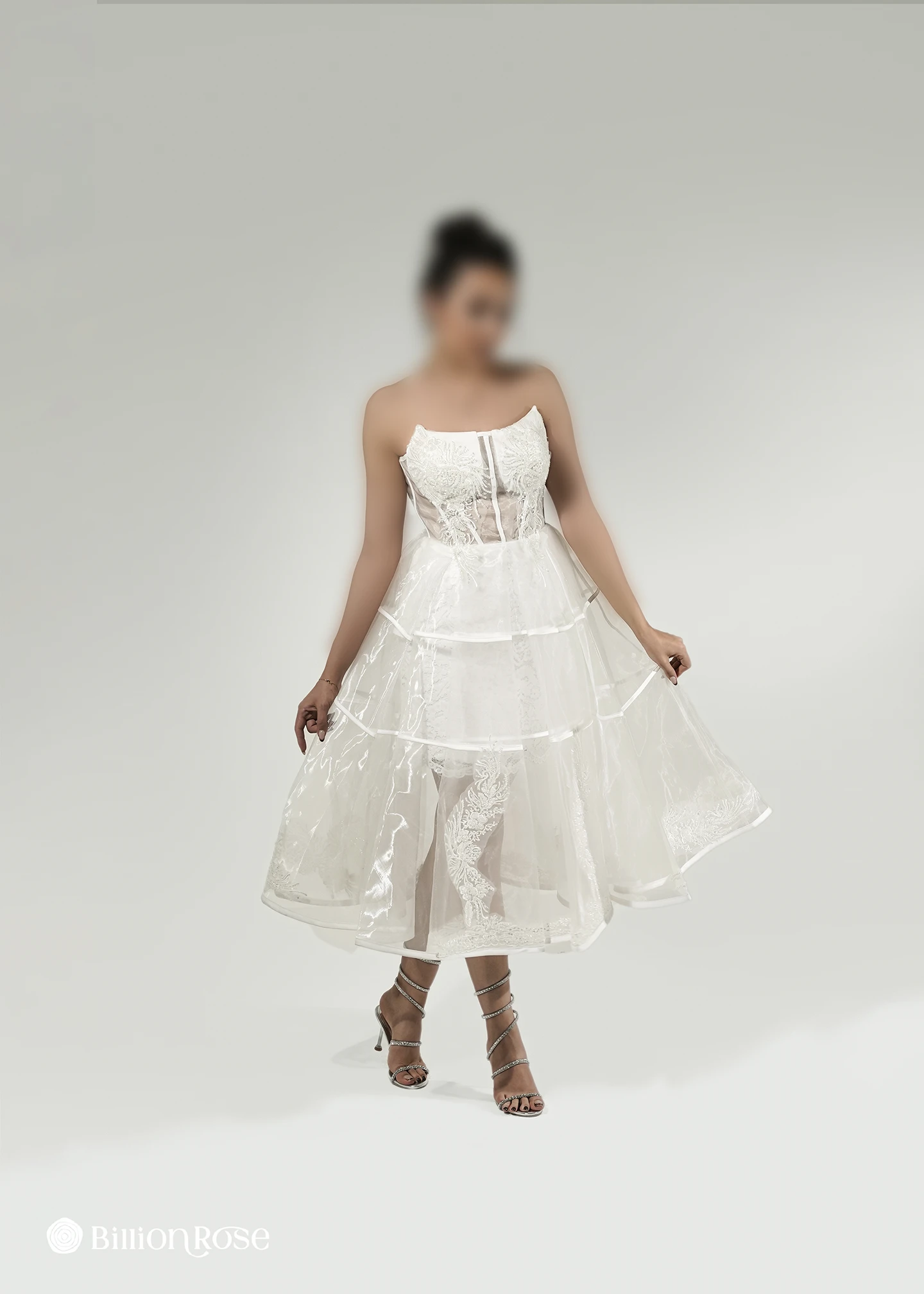 ab26 لباس میدی مجلسی با یقه دکلته و دامن تور