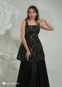ماکسی مجلسه یقه خشتی با بالاتنه گیپور و دامن ساتن