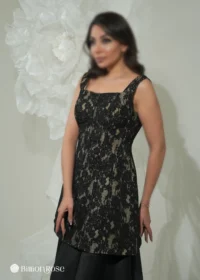 ماکسی مجلسه یقه خشتی با بالاتنه گیپور و دامن ساتن
