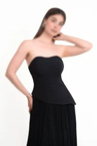 ماکسی مجلسی دکلته با بالاتنه کرپ و دامن حریر پلیسه