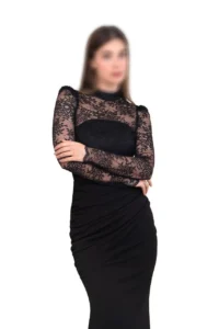 لباس شب ماکسی جذب پوشیده با بالاتنه گیپور و آستین بلند