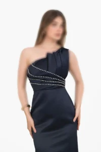 پیراهن میدی ساتن یقه رومی نگیندار
