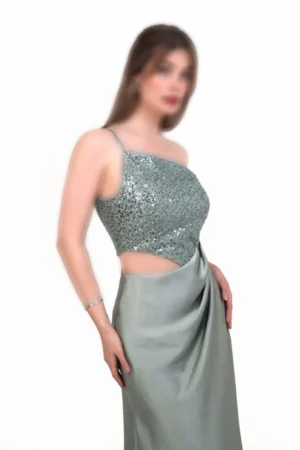 لباس شب ماکسی بالاتنه پولکی با برش کمر | لباس مجلسی ژورنالی چاک‌دار