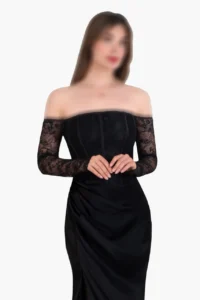 پیراهن مجلسی ساتن و دانتل | لباس شب آف‌شولدر با بالاتنه کرستی